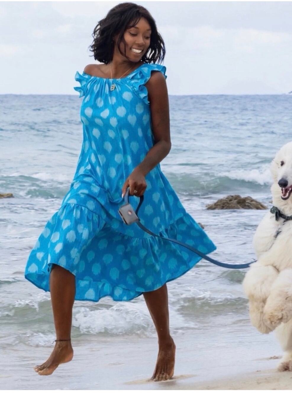 Mer St. Barth Eva Ruffle Dress Cerulean Blue Ikat